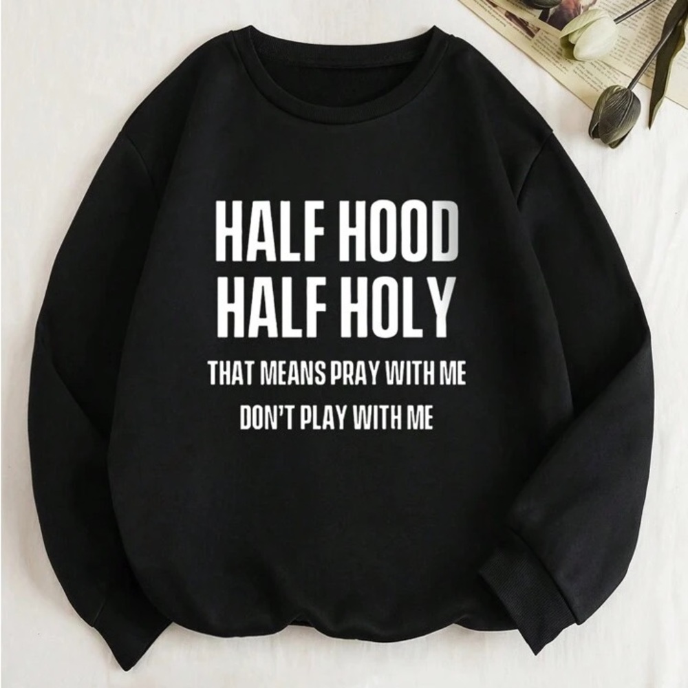 “Half Hood Half Holy black and white sweater“ SHEIN 4x